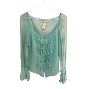 Ice Women's M vtg light blue sheer ruffled front long sleeve silk blend blouse